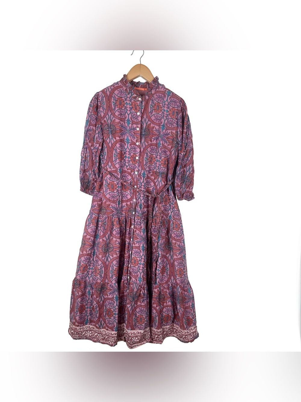 Oliphant Floral Print Long Sleeve Maxi Cotton Belted Dress Boho Women’s XL